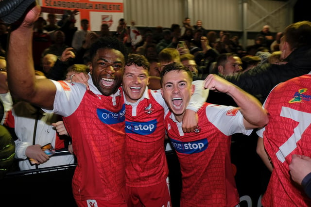 From left, Kieran Weledji, Brad Plant and Lewis Maloney celebrate after Scarborough Athletic beat Matlock Town 2-1 in NPL Premier play-off semi-final

Photo by Richard Ponter