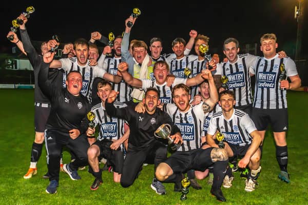 Sleights celebrate their Ryedale Hospital Cup final win against Goldsborough at the Turnbull Ground

Photos by Brian Murfield