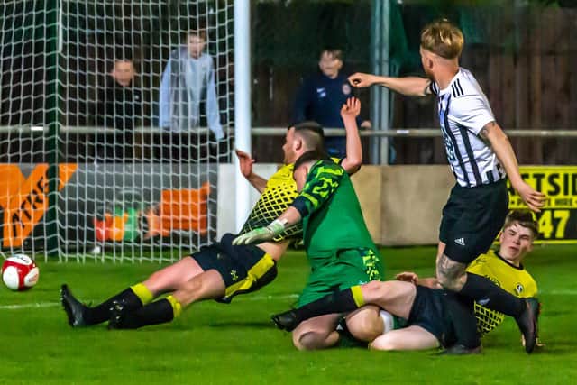 Skipper Charlie Smith completes his hat-trick for Sleights to put them 4-2 ahead in the Ryedale Hospital Cup final against Goldsborough at the Turnbull Ground
Photos by Brian Murfield