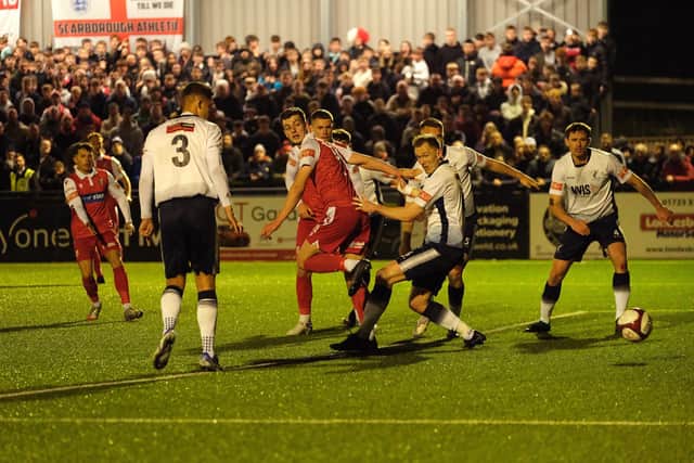 Luca Colville backheels home what turned out to be the winning goal for Boro against Matlock Town
Photo by Richard Ponter