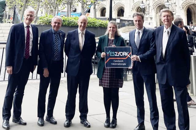 Andrew Jones (Harrogate and Knaresborough), Sir Robert Goodwill (Scarborough and Whitby), Kevin Hollinrake(Thirsk and Malton), Rachael Maskell (York Central), Julian Sturdy (York Outer) and Sir Greg Knight (East Yorkshire) are pictured outside the House of Commons backing York’s bid. Photo submitted