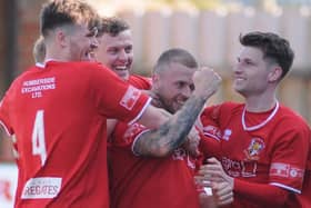 Bridlington Town celebrate during the 3-2 home win against Dunston that kept them in the NPL Division East

Photos by Dom Taylor
