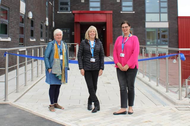 Doff Pollard, Whitby Governor at Humber Teaching NHS Foundation Trust, pictured with Jude Wakefield and Kristina Poxon outside the hospital's redeveloped Tower Block.