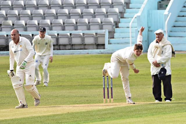 Ed Hopper in bowling action for Scarborough 2nds in the win against Brandesburton
Photos by Simon Dobson