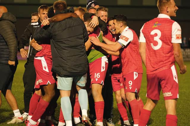 Boro celebrate their win against Matlock Town in the play-off semi-final