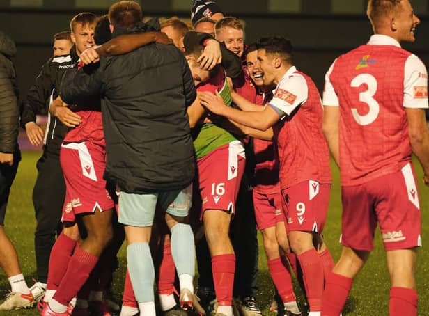 Boro celebrate their win against Matlock Town in the play-off semi-final