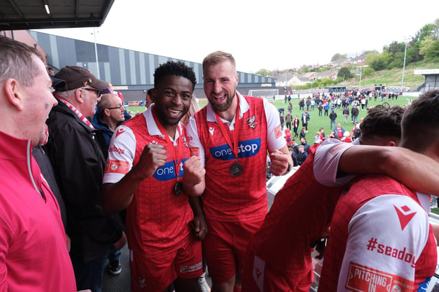 Boro stars Kieran Weledji, left, and Jake Day get in the party mood after the final whistle