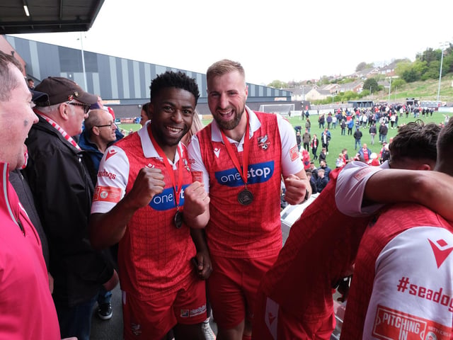 Boro stars Kieran Weledji, left, and Jake Day get in the party mood after the final whistle