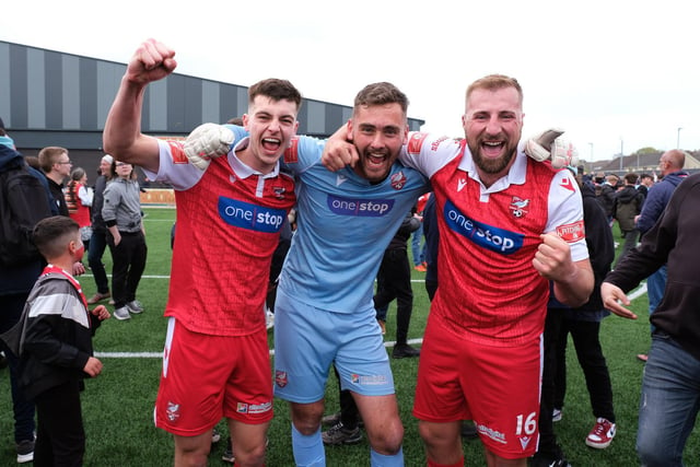 Boro players, from left, Luca Colville, Ryan Whitley and Jake Day celebrate the win