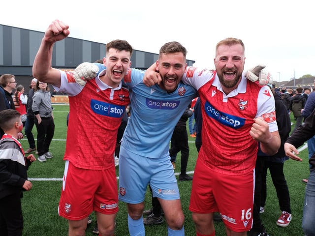 Boro players, from left, Luca Colville, Ryan Whitley and Jake Day celebrate the win