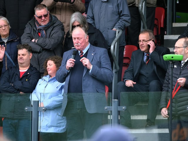 Scarborough Athletic chairman Trevor Bull leads the post-match presentation as Boro seal promotion to the National League North