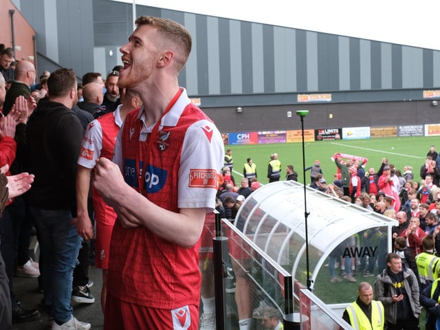 Boro player Kieran Glynn celebrates securing promotion to National League North