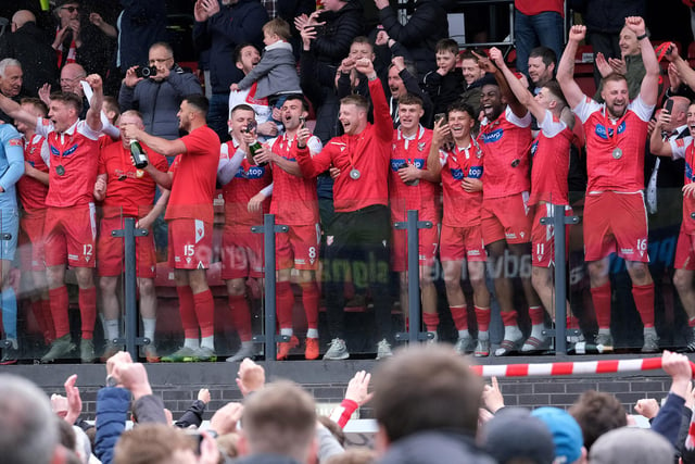 Boro's players celebrate securing promotion to National League North