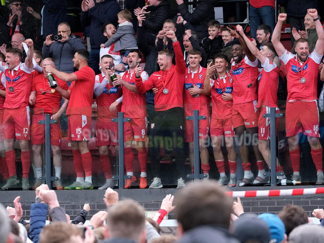 Boro's players celebrate securing promotion to National League North