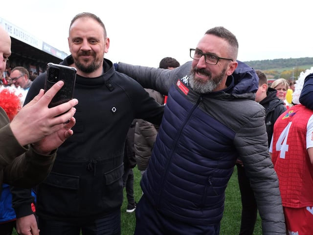 Boro's manager Jonathan Greening celebrates the NPL Play-off final win with fans