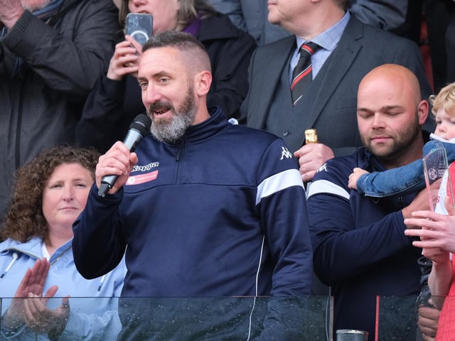 Boro boss Jonathan Greening addresses the Boro fans after the match