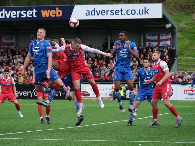 Defender Bailey Gooda, who scored the winning goal for Boro, wins a header against Warrington Town in the NPL Premier Division play-off final