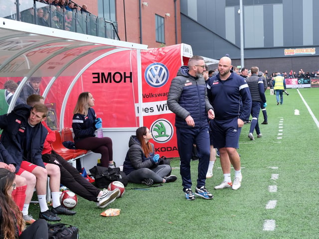 Scarborough Athletic manager Jonathan Greening chats to coach Jimmy Beadle