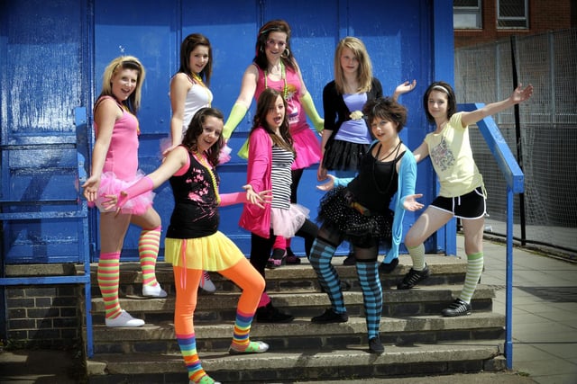 George Pindar Community Sports College hairdressing students take part in a Fashion Through the Eras project - the 80s. Pictured, back, Beckie Moore, Chelsey Messruther, Rachel Major and Chelsea Myerscough; front, Kayleigh Baker, Shannon Allan, Chantelle Kirkby and Emily Graham.