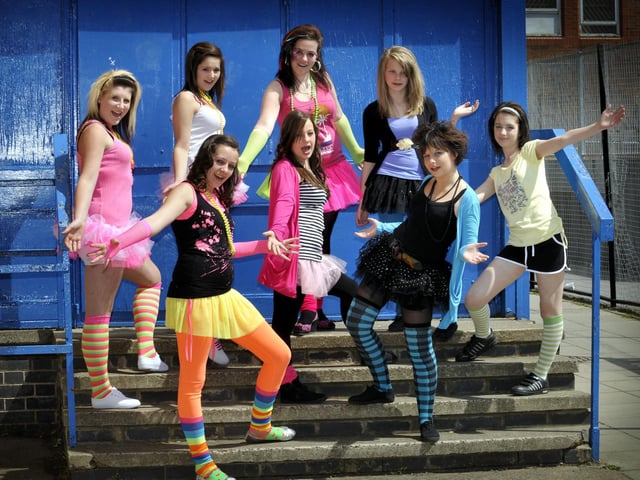 George Pindar Community Sports College hairdressing students take part in a Fashion Through the Eras project - the 80s. Pictured, back, Beckie Moore, Chelsey Messruther, Rachel Major and Chelsea Myerscough; front, Kayleigh Baker, Shannon Allan, Chantelle Kirkby and Emily Graham.