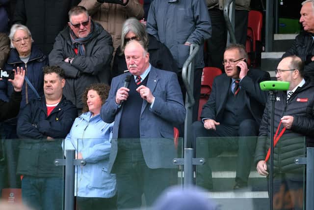 Scarborough Athletic chairman Trevor Bull addresses the fans after the play-off final win

Photo by Richard Ponter