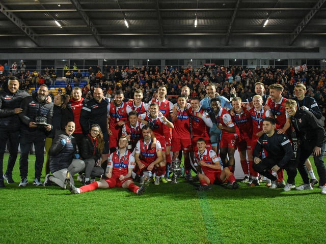 Scarborough Athletic's squad celebrate beating Guisborough Town 3-00 in the North Riding FA Senior Cup final
Photo by Morgan Exley