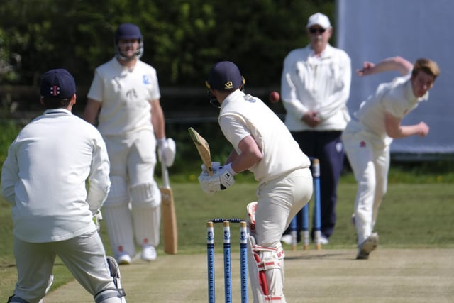 Staithes bowler Callum Simpson hurls a delivery at Scalby opener Chris Malthouse

Photo by Richard Ponter