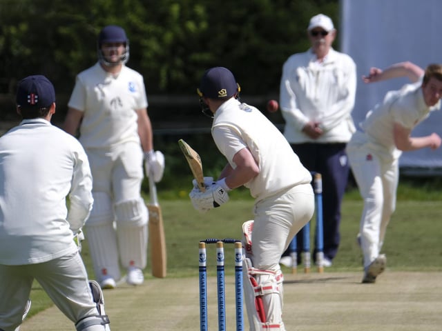 Staithes bowler Callum Simpson hurls a delivery at Scalby opener Chris Malthouse
Photo by Richard Ponter