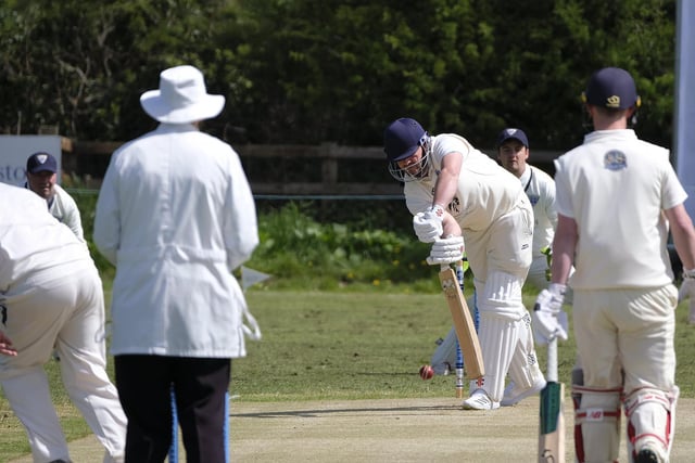 Scalby skipper Brett Cunningham defends during his superb knock of 80 against Staithes