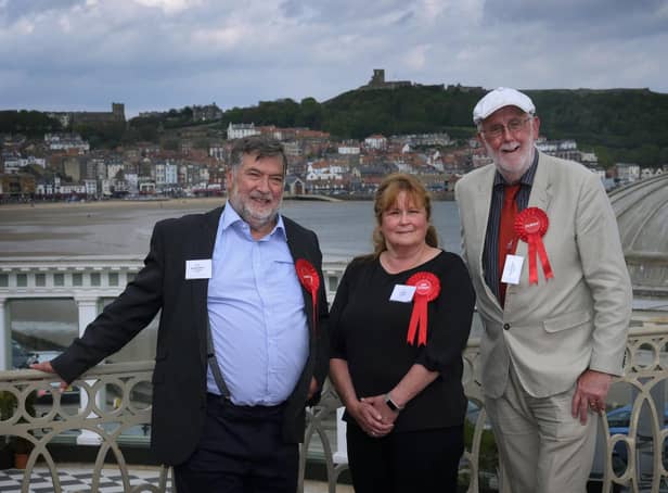 Labour team Eric Broadbent, with Liz Colling and Tony Randerson at the Scarborough count at The Spa Ocean Rooms.
picture: Richard Ponter (ref: count ww)