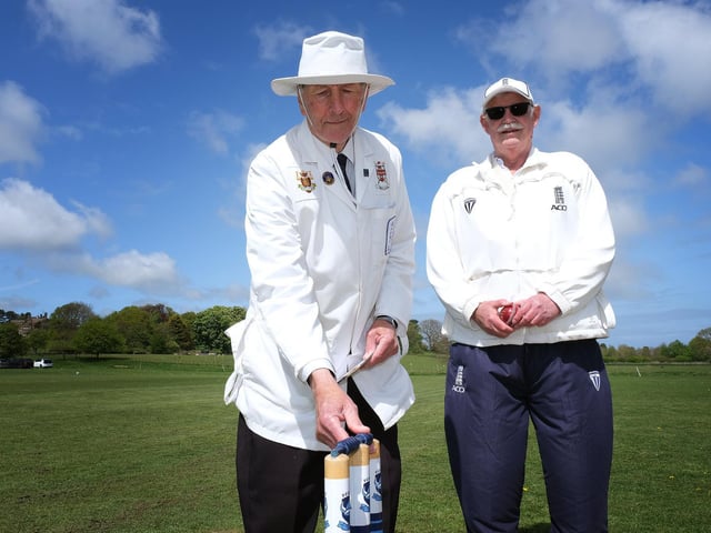 The umpires get ready for the start of the Scalby CC v Staithes CC match