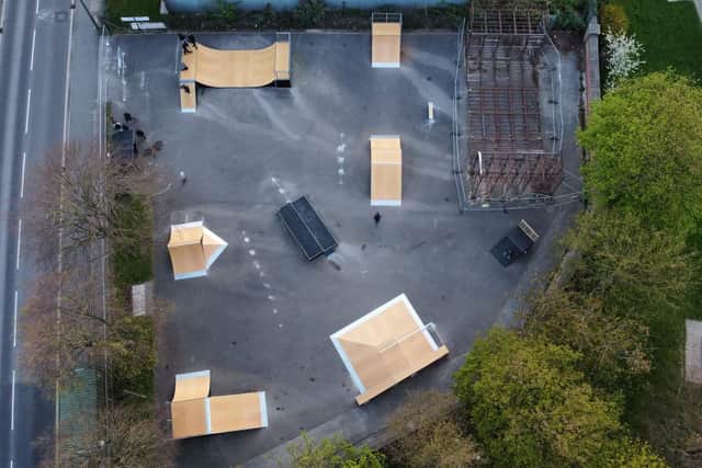 An aerial overview of the newly refurbished skate park in Malton.