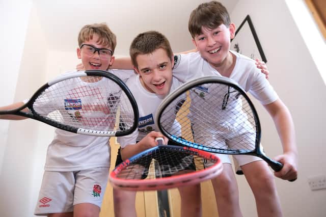 HOME TRIO: From left, Oliver Dean, age-group winner George Penfold and Luca James Boyer at Scarborough Squash Academy's first-ever junior tournament
Photos by Richard Ponter