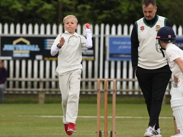 Alexander Fynn in bowling action for Bridlington U13s v Flixton U13s