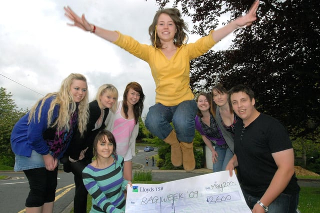 Scarborough 6th Form College Rag Week raises £2,600 for charity. Students cheer as fellow student Emily Finch takes a triumphant leap.
