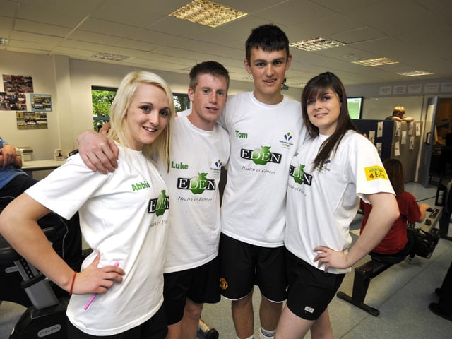 At a Raincliffe School sports event Yorkshire Coast College students Abbie Johnson, left, Luke Chambers, Tom Smiles and Jess Metcalfe show off their Eden sponsored T-shirts.