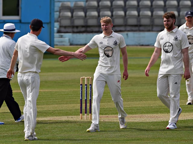 Teenager Hayden Williamson celebrates taking a wicket for Scarborough CC 2nds against Goole Town