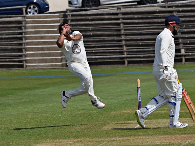 Prince Bedi in bowling action for Scarborough CC 2nds