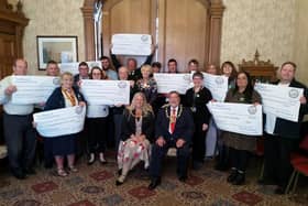Mayor and Mayoress of the Borough of Scarborough, Cllr Eric Broadbent and Mrs Lynne Broadbent (front centre) and Mayor’s Community Fund committee member, Cheryl Siddons (middle centre) with representatives of the groups and organisations receiving cheques.