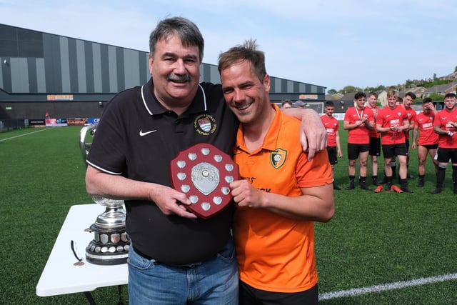 Sean Hunter presents Edgehill's Jamie Patterson with the Steve Coulson Man of the Match award
