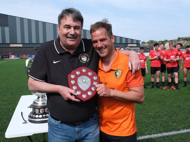 Sean Hunter presents Edgehill's Jamie Patterson with the Steve Coulson Man of the Match award