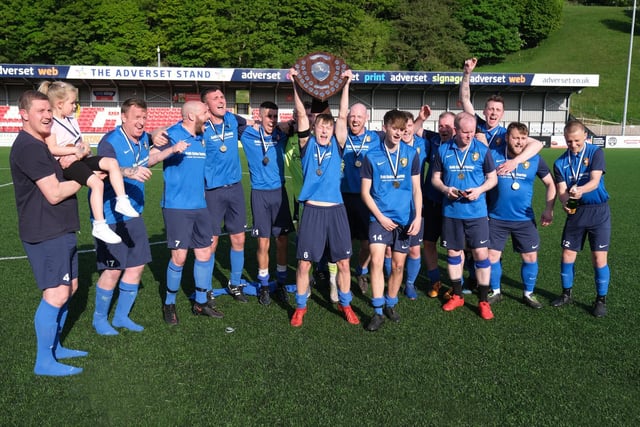 Edgehill Reserves celebrate their win against Filey Town Reserves in the Frank White Trophy final