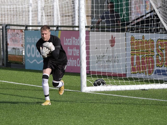 The Filey Town Reserves keeper safely gathers the ball against Edgehill Reserves in the Frank White Trophy final