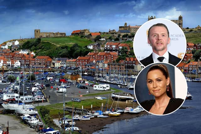 Simon Pegg and Minnie Driver, inset, were pictured together at Whitby marina. (Photos: Frazer Harrison and Joe Maher, Getty Images)