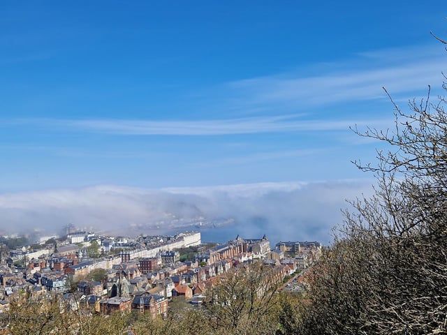 Sea fret rolling in over Scarborough.