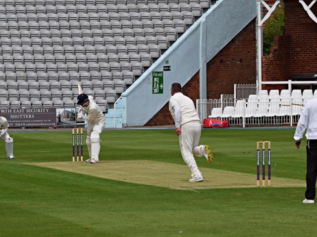 Piet Rinke bowling for Scarborough CC in the win at home to Castleford CC