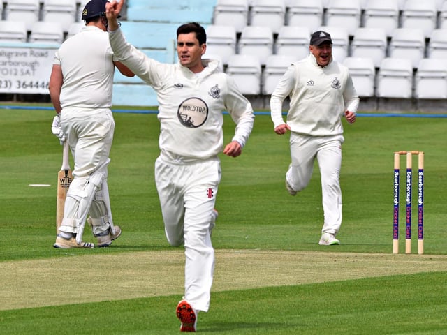 Pat Roberts celebrates taking the first wicket for Scarborough CC against Castleford CC