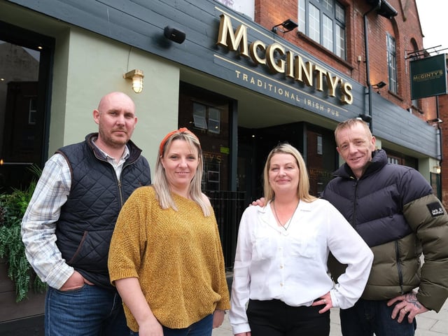 James and Stacey Durham (left) are the new owners of McGinty's, and the duo behind J&S Pub Company, and Sharon and Stephen Kelly (right) are the new managers.