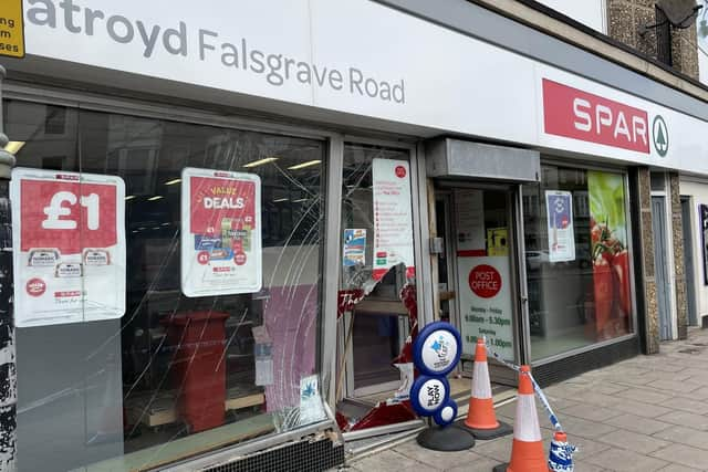 The aftermath and damaged caused by the burglars to the Spar shop on Falsgrave Road.