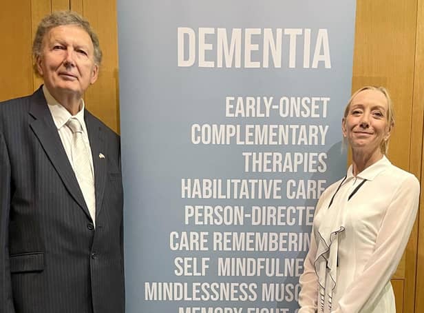 Sir Greg Knight MP is pictured attending the Dementia Action Week event with Alzheimer’s Society trustee member Ali Harrison. Photo submitted